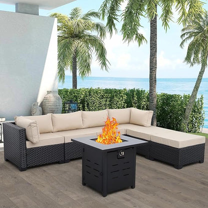 Lviden 7 Pieces Outdoor PE Wicker Furniture Set Patio Rattan Sectional Conversation Sofa Set with Khaki Cushions and Fire Pit Table
