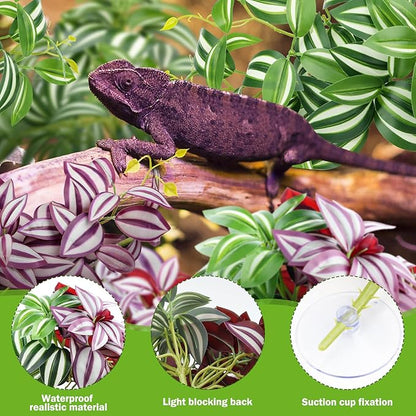 QUOZUO 2 Pack Reptile Plants, Artificial Hanging Plants with Suction Cups, Habitat Decor Plastic Vines Decorations for Bearded Dragons Lizards Snake Geckos Frogs -Purple and Green