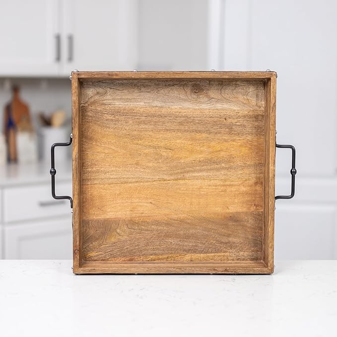 20"x20" Extra Large Square Ottoman Tray, Heavy Duty Mango Wood, for Serving Tea, Breakfast in Bed, Living Room Large Coffee Table Tray Rustic with Farmhouse Style, Decorative Handles and Accent Strap