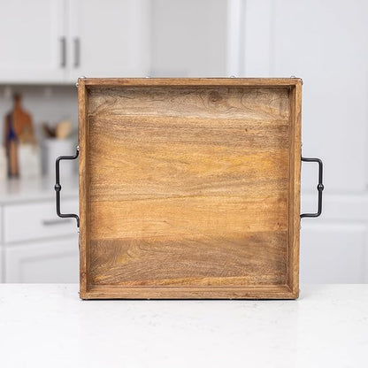20"x20" Extra Large Square Ottoman Tray, Heavy Duty Mango Wood, for Serving Tea, Breakfast in Bed, Living Room Large Coffee Table Tray Rustic with Farmhouse Style, Decorative Handles and Accent Strap
