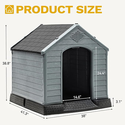 DWVO Plastic Dog House, Weatherproof Outdoor/Indoor Doghouse, Puppy Kennel with Air Vents and Elevated Floor