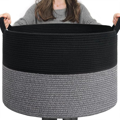 INDRESSME XXXLarge Cotton Rope Basket Woven Baby Laundry Baskets Blanket Baskets Toy Basket with Handle Comforter Cushions Storage Bin Thread Laundry Hamper - 21.7" x 21.7" x 13.8"