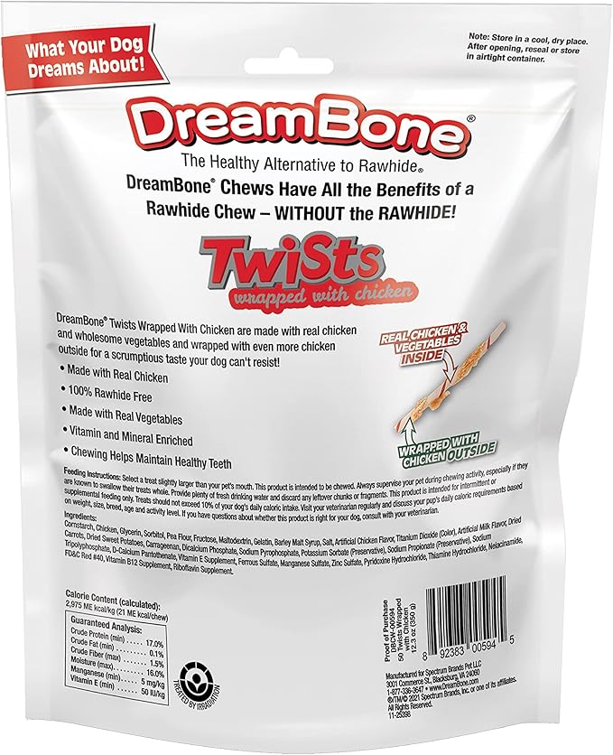 DreamBone Twist Sticks, Wrapped With Real Chicken, Rawhide-Free Chews For Dogs, 50 Count