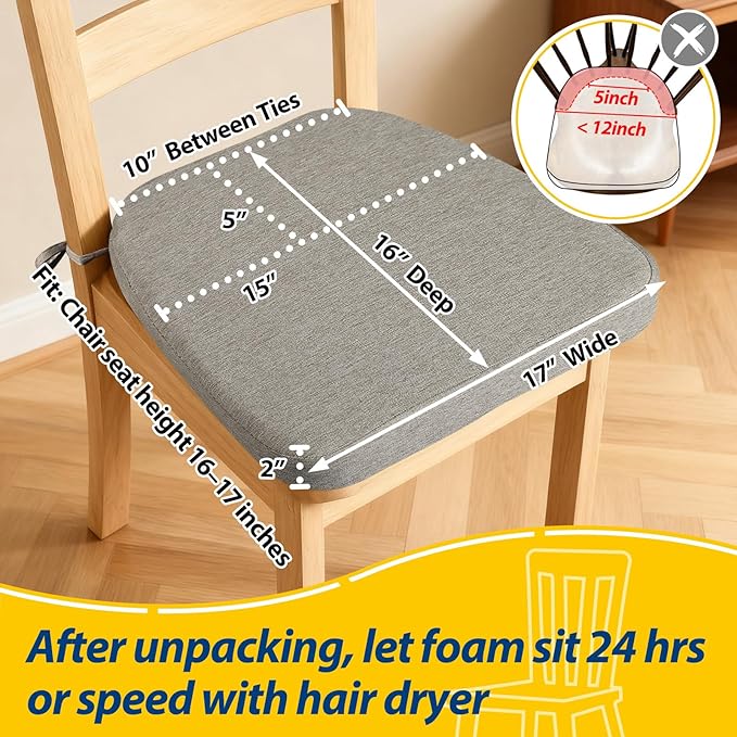 AAAAAcessories D-Shaped Chair Cushions, 2" Thick Dining Chair Pads with Ties and Removable, Machine-Washable Cover, 17" x 16", Set of 4, Khaki Gray