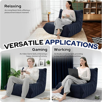 HABUTWAY Bean Bag Chairs Fireside Lazy Floor Sofa, Soft Teddy Fleece Bean Bag Sofa with High-Resilience Foam Filling，Beanbag for Living Room, Bedroom, Office (Navy Blue Teddy)
