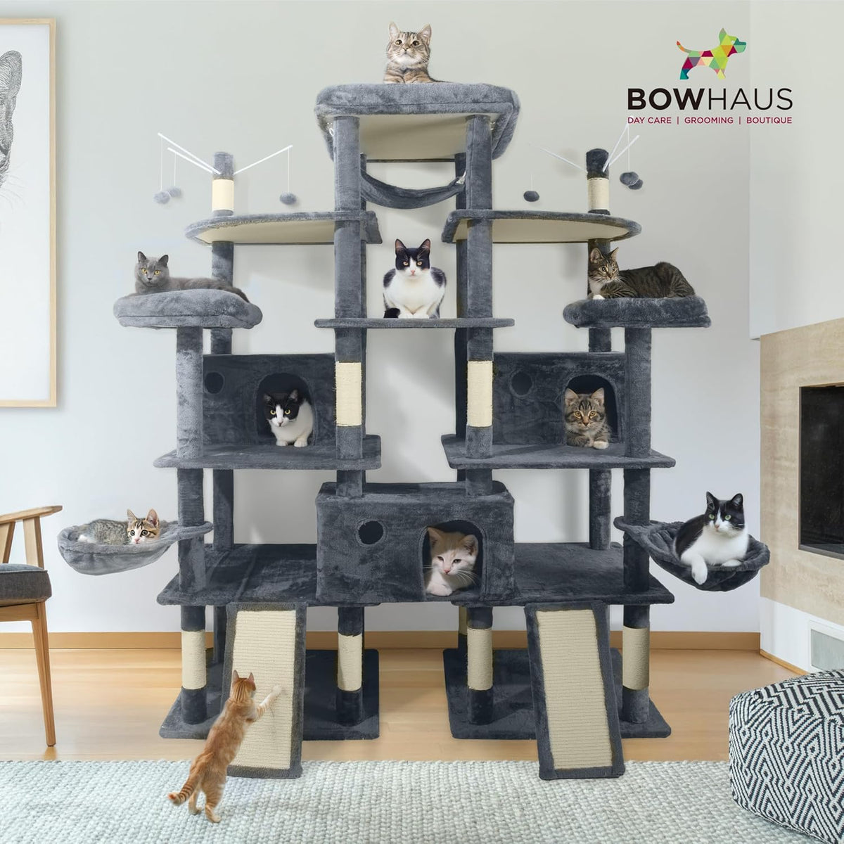 Extra Large 80-Inch Tall Cat Tree w/Widened Perch for Large Cats, Big Cat Tower Indoor, Modern Multi-Level Activity Tower with Scratching Posts, Condos, Baskets, Hammock, Scratching Ramps