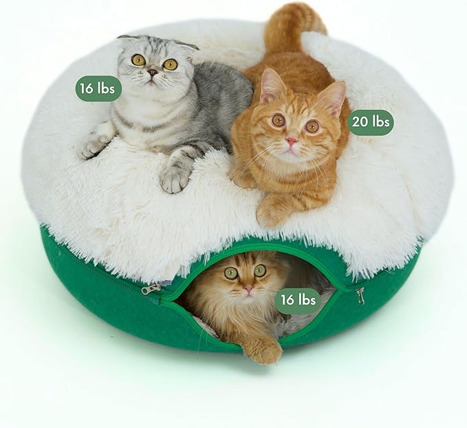 CATTASAURUS Peekaboo Cat Cave for Multiple & Large Cats Up to 30-45 Lbs, Fluffy Cat Beds & Furniture, Scratch Detachable & Washable Tunnel Bed, Comfy Donut Bed (Forest Green, Large (Calming))