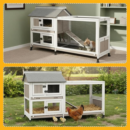 PetsCosset Rabbit Hutch Outdoor Bunny Hutch 2-Story Wooden Indoor Rabbit Cage with Run, 6 Wheels, Waterproof 3 Leak Proof Trays, Ramp, Weatherproof Asphalt Roof for Animals Pets, Expandable Design