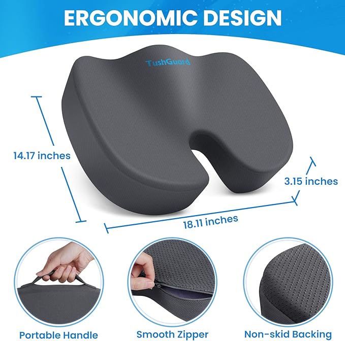 TushGuard Seat Cushion, Office Chair Cushions, Car Seat Cushion, Non-Slip Relief Chair Pad, Memory Foam Butt Pillow for Computer Desk, Office Chair, Grey