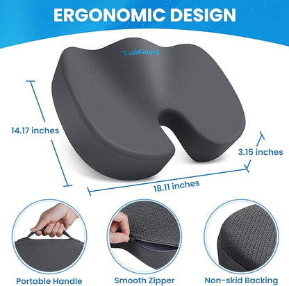 TushGuard Seat Cushion, Office Chair Cushions, Car Seat Cushion, Non-Slip Relief Chair Pad, Memory Foam Butt Pillow for Computer Desk, Office Chair, Grey