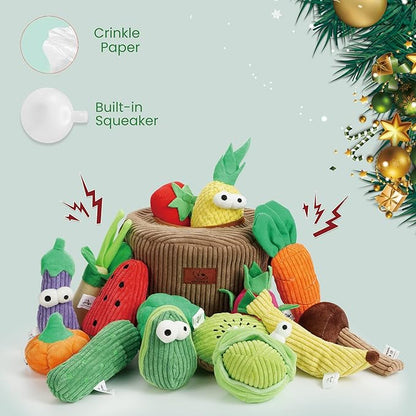 Nocciola Small Squeaky Crinkle Dog Toys- 15 Packs Grocery Basket Fruits Veggies Puppy Toys to Keep Busy, Cute Durable Plush Stuffed Hide Seek Cognitive Boredom Pet Supplies, Dog Birthday Gifts