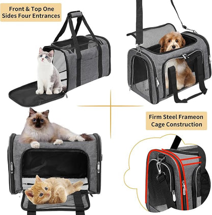 Soft-Sided Cat/Dog/Pet Carrier, Collapsible Pets Travel Carriers for Big Cats/Small Dogs with Shoulder Strap & Removable Mat, Mesh Puppy Carry Bag, Up to 25 Lbs (Dark Grey)