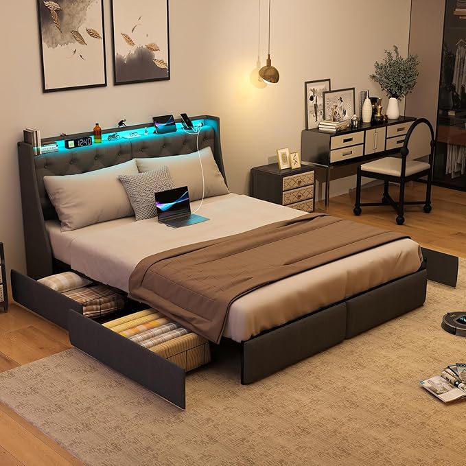 SADENICEL King Size Bed Frame with Storage Headboard, Metal Platform Bed Frame King with 4 Drawer, LED Light, Charging Station, No Box Spring Needed, Noise Free, Easy Assembly, Grey