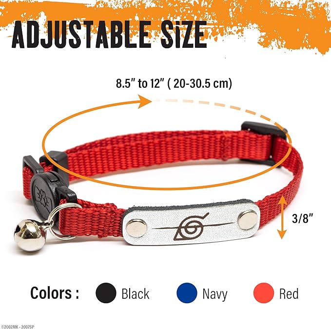 Naruto Breakaway Cat Collars for Girl & Boy Cats | Officially Licensed Naruto Shippuden Hidden Leaf Village Pet Accessories & Gifts, (8.5” to12”) Adjustable Cute Kitten Collar with Bell (Black, Rogue)