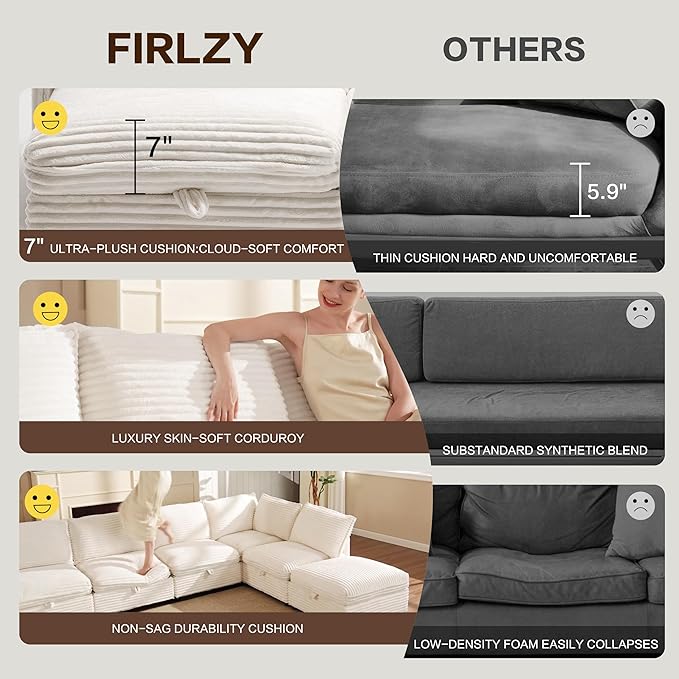 FIRLZY 92" Modular Sectional 4 Seater Sofa with Removable Covers and Storage, Convertible L-Shaped and Sleeper Sectional, Modern Corduroy Couches with Ottoman Chaise for Living Room, Apartment, Black