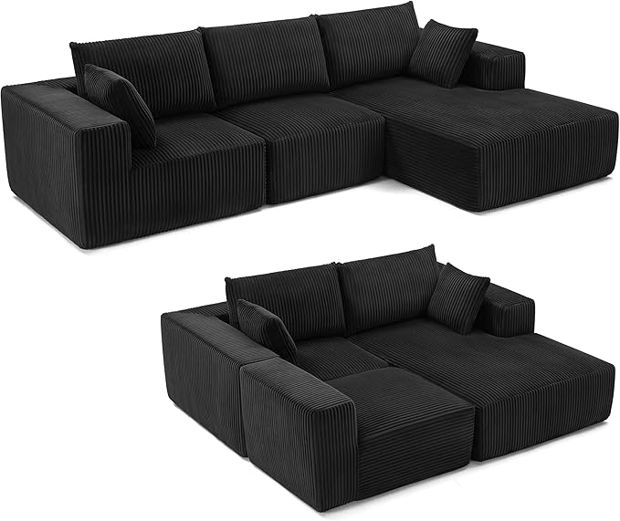 108” Modular Sectional Sofa, Cloud Sectional Couch with Deep Seat, Modern Modular L-Shape Sofa Couch with Chaise,Upholstered Boneless Couches for Living Room Bedroom (Black, Right Facing Chaise)
