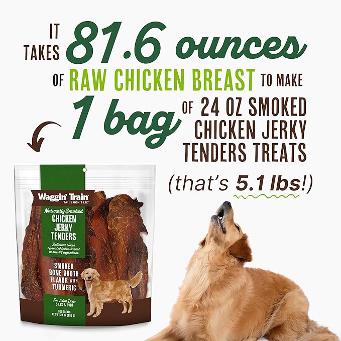 Waggin' Train Smoked Chicken Jerky Tenders with Turmeric and Bone Broth for Dogs - 24 oz. Pouch - Grain Free, High Protein, Limited Ingredient Dog Treat