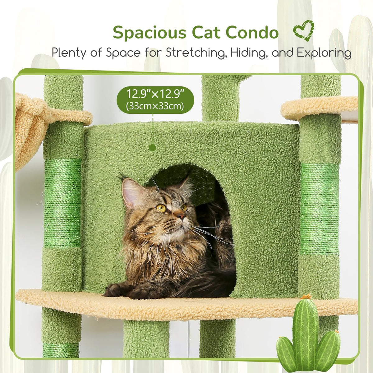 Globlazer Cactus Corner Cat Tree Tower with Scratching Post for Indoor Cats, 51in Multi-Level Cat Condo Tower with Large Hammock, Fan-Shaped Padded Perch, Spacious Cat Cave, Hanging Basket, C51, Green