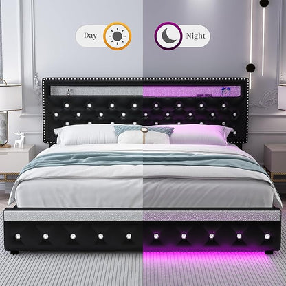 Queen Led Bed Frame with 2 Drawers, Heavy Duty Upholstered Platform Bed Frames Queen Size with Storage and Adjustable Crystal Button Tufted Headboard, No Box Spring Needed, Easy Assembly, PU Black