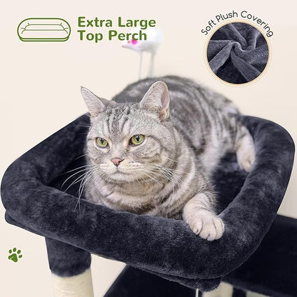 Globlazer Cat Tree Tower for Indoor Cats, 50-inch Adult Cat Tree House for Large Adult Cats with Steps, Scratching Post, 2 Cat Caves, Dangling Toys, FC50, Dark Grey
