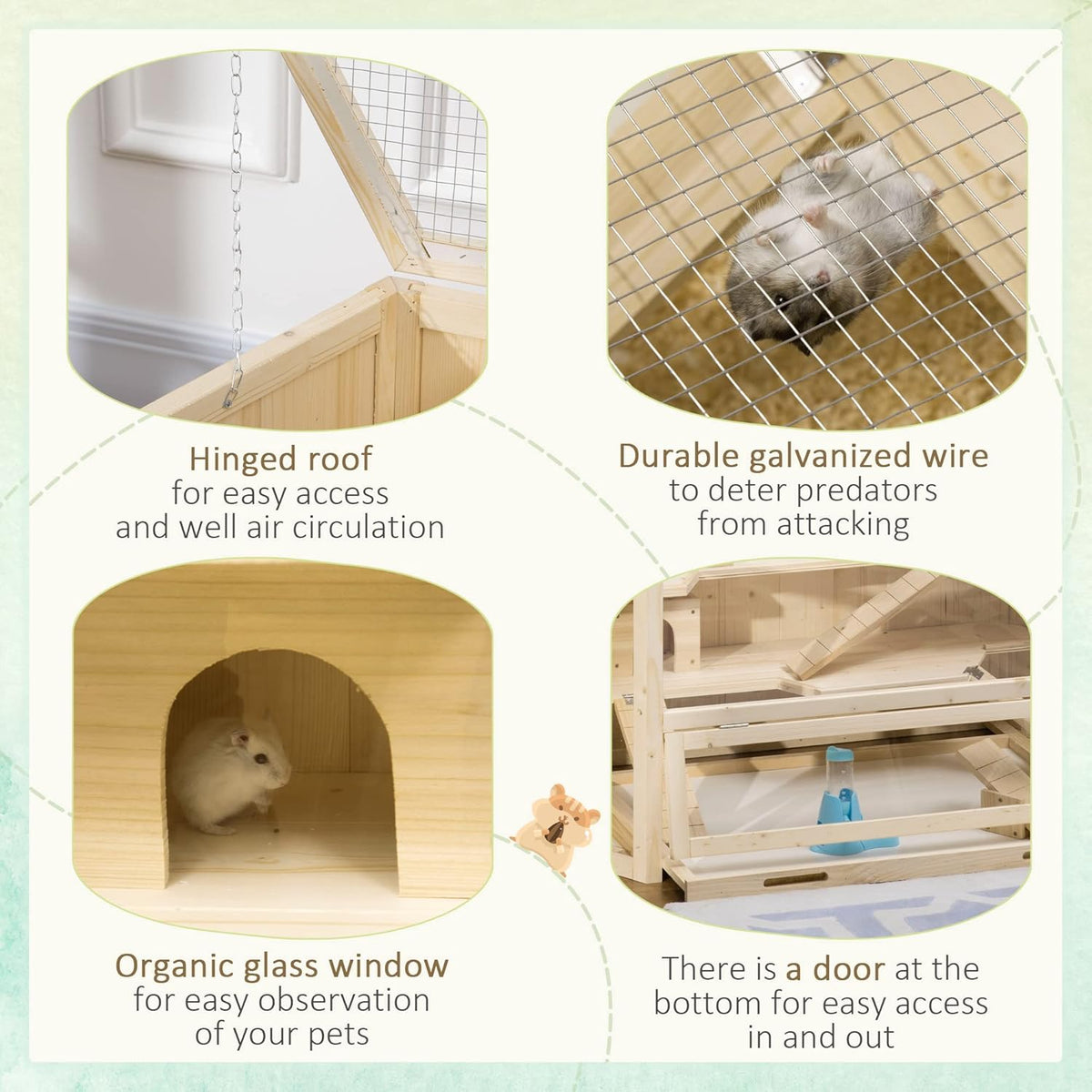 PawHut Wooden Large Hamster Cage Small Animal Exercise Play House 3 Tier with Tray, Seesaws, Water Bottle, Activity Center, Natural