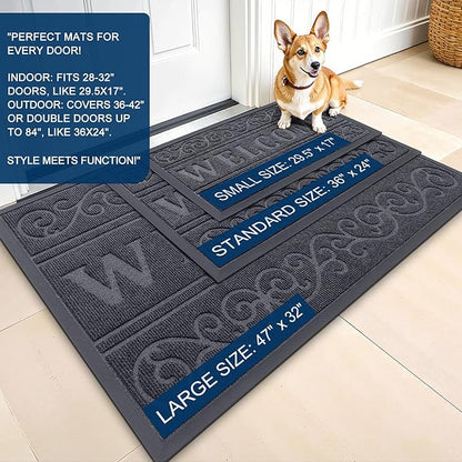 OLANLY Welcome Door Mat Indoor Outdoor Entrance, Heavy Duty Sturdy Front Door Mat, Waterproof All-Weather Doormat, Stain Resistant, Low Profile, Easy Clean Patio Entryway Mat, 29.5 x 17, Medium Grey