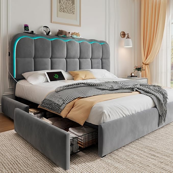 Queen Size Bed Frame with 4 Storage Drawers and LED, Adjustable Clouds Headborad, Velvet Upholstered Platform Queen Bed Frame with Charing Station, Wood Slats Support, No Box Spring Needed,Grey