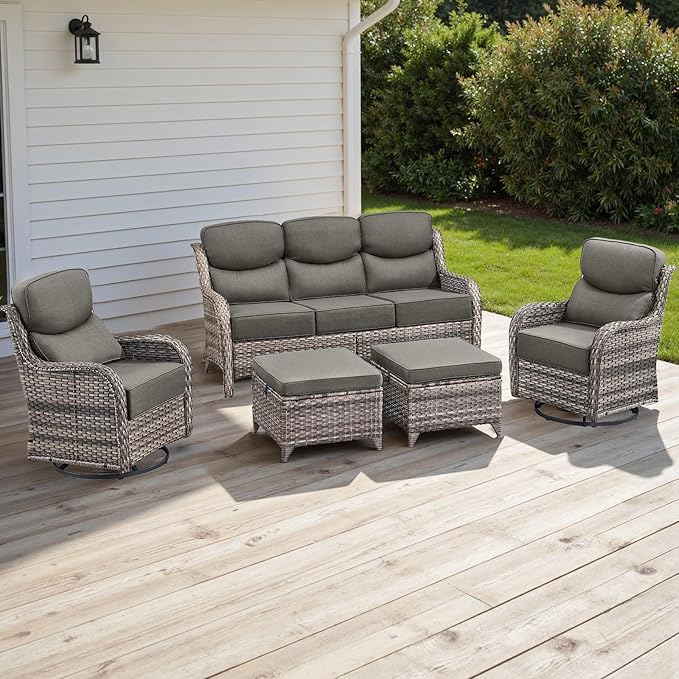 Rilyson Wicker Outdoor Patio Furniture Set - 5 Piece Patio Conversation Sets with Swivel Rocker Chairs, Ottomans and Sofa, 6 inch Cushions, Waterproof Wicker, for Porch Deck Mixed Grey/Grey