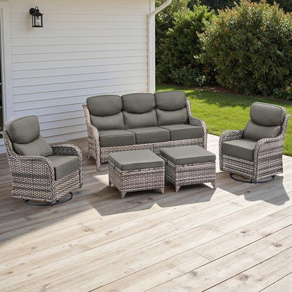 Rilyson Wicker Outdoor Patio Furniture Set - 5 Piece Patio Conversation Sets with Swivel Rocker Chairs, Ottomans and Sofa, 6 inch Cushions, Waterproof Wicker, for Porch Deck Mixed Grey/Grey