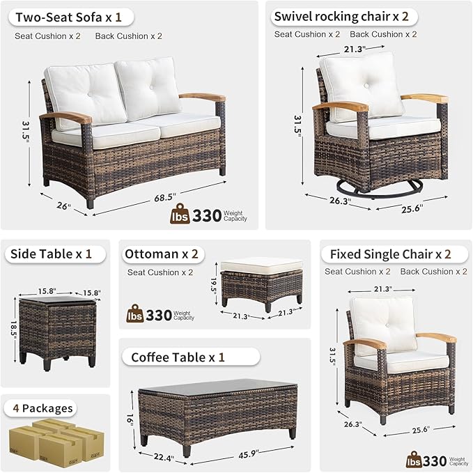 MEISSALIVVE 9 Pieces Outdoor Patio Furniture Sets,PE Wicker Patio Conversation Sets with 2 Wood Armrests Swivel Rocker Chairs,2 Single Chairs, 2-seat Sofa and Coffee Table(Brown)