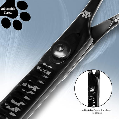 Professional Dog Grooming Chunker Shears/Scissors with Paw Prints for Dogs, Cats & Pets (Right Handed, Black, Stainless Steel 8 Inch)