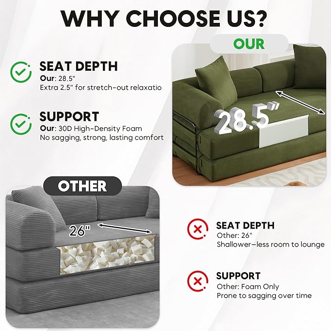 Convertible Sleeper Sofa Bed with Cylindrical Pillow, Corduroy Folding Mattress Couch with Fixed-Shape Frame, Floor Sofa Lounge Couch for Living Room Bedroom Lounge Studio-Green