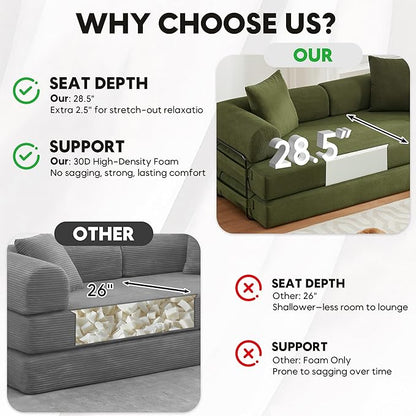 Convertible Sleeper Sofa Bed with Cylindrical Pillow, Corduroy Folding Mattress Couch with Fixed-Shape Frame, Floor Sofa Lounge Couch for Living Room Bedroom Lounge Studio-Green
