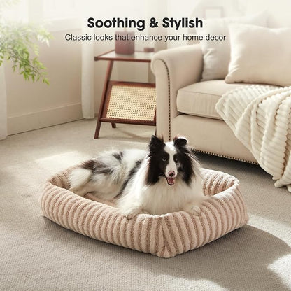 MIXJOY Dog Bed for Medium Small Size Dog, Washable Medium Dogs Bed with Removable Cover, Rectangle Doggy Ded Fluffy Plush Faux Fur Pet Bed with Anti-Slip Bottom, 25"x21"x7", Beige
