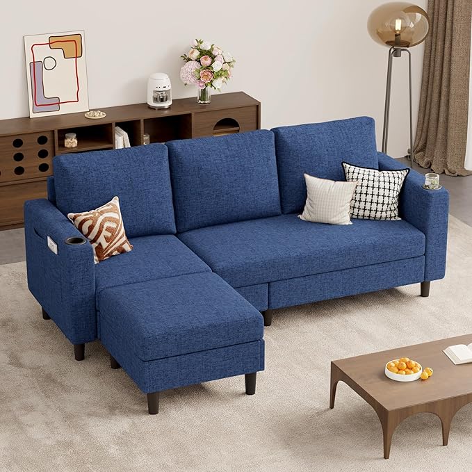 Upholstered Sectional Sofa and Couches, 78'' L Shaped 3-seat Sofa forLiving Room, Apartment, Lounge,Bedroom-Washable Covers Convertible Sofas(Linen Fabric,Blue)