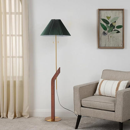 Floor Lamps for Living Room,Mid Century Modern Wood Floor Lamp,Height Adjustable Study Room,Bedroom,Office Vintage Tall Standing Glod Floor Lamp,Green Pleated Lampshade
