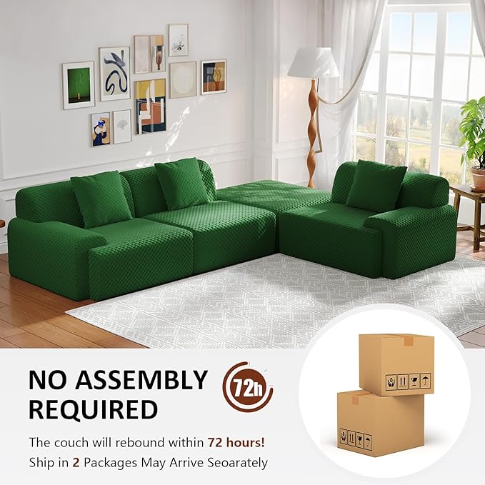 113" Modular Sectional Sofa Upholstered 3-Seater Sofa with Movable Ottoman, Oversized 4-Seater Couch with 3 Throw Pillows High-Density Foam No Assembly Free Combinations