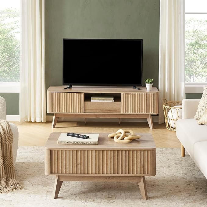 mopio Brooklyn Coffee Table, Lift Top Coffee Tables for Living Room, Mid Century, Modern Farmhouse Center Table with Lifting Top & Hidden Storage, Fluted Panel, Rising Pull Up (Oak Fluted)