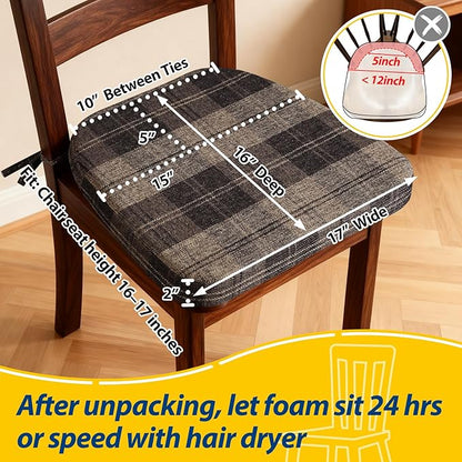 AAAAAcessories D-Shaped Chair Cushions, 2" Thick Dining Chair Pads with Ties and Removable, Machine-Washable Cover, 17" x 16", Set of 8, Brown Checkered