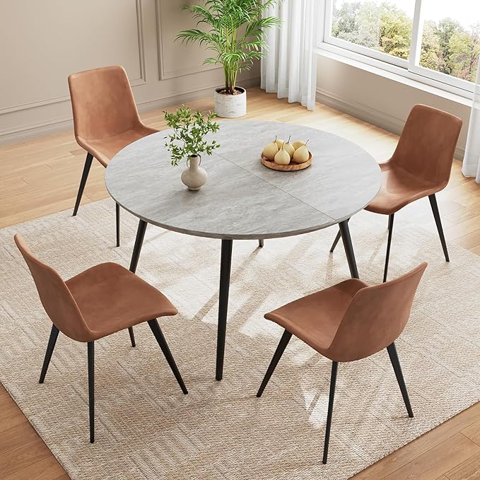 43.3"-59.1" Extendable Round Dining Table Set, Wooden Round Table for 4-6 Person, Walnut Coffee Table w/Scratch-Resistant Tabletop