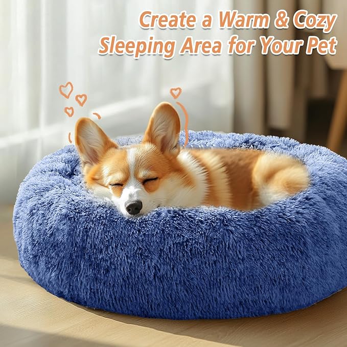 JOLLYVOGUE Calming Dog Bed for Small Dogs - 23 inches Donut Washable Small Dog Bed for Kittens & Puppies, Anti-Slip Round Fluffy Plush Faux Fur Cat Beds (Fits up to 25 lbs Pets, Navy Blue)