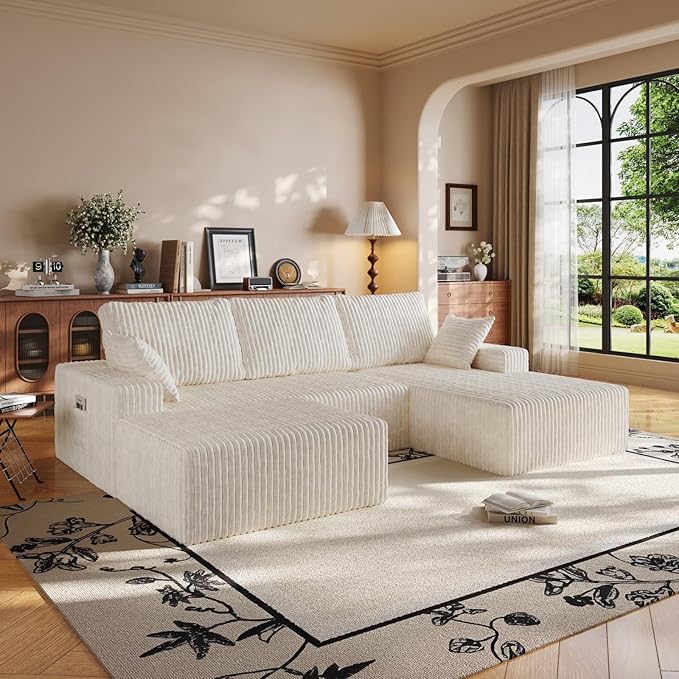 108" U Shaped Sectional Couch with Ottoman, Corduroy Modular Sectional Sofa with Deep Seat, Modern Modular L-Shape Sofa Couch with Chaise,Upholstered Boneless Couches for Living Room Bedroom