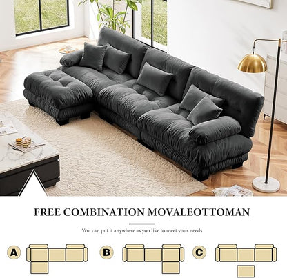 133.8" Oversized Couch, 3 Seater Modular Sectional Sofa, Grey Large L Shaped Fluffy Couch Set, Chenille Cloud Sofas with Ottoman for Living Room