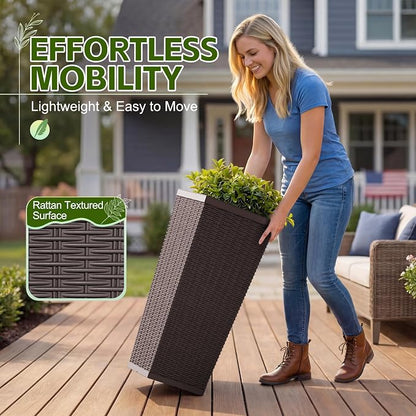 Devoko Resin Tall Planters for Outdoor Plants Set of 2, Large Taper Outdoor Planter Pots with 4 Drainage Holes, Flower Pots Modern Decor for Porch, Patio, Backyard, Home Garden (Brown, 30'')