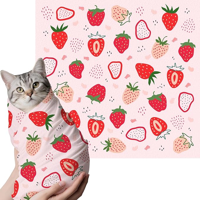 27.6" Cat Grooming Wrap, Self Adhesive Cat Wrap for Cutting Nails, Anti-Escape Cat Swaddle Wrap for Medicine Ear Cleaning, Strawberry Anti-Scratch Cats Burrito Restraint Blanket, Pet Tool (6-10 lbs)