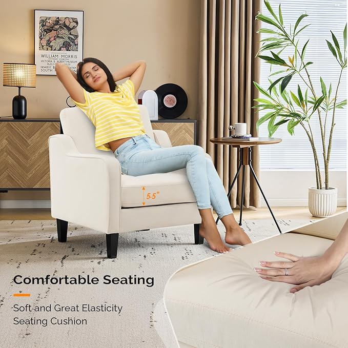 VINGLI Beige Accent Chairs for Living Room, Line Comfy Upholstered Chair Mid Century Modern Armchair for Bedroom, Home Office, Small Spaces, Apartment