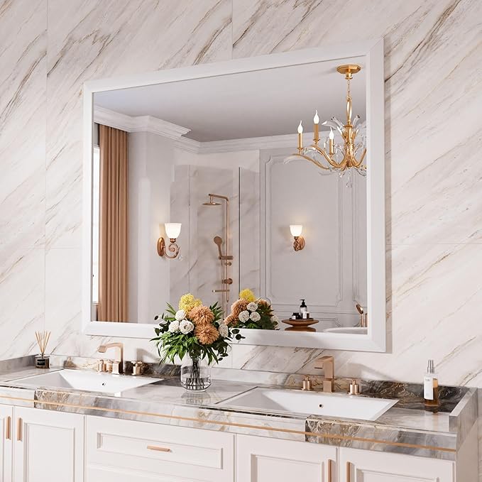 Amorho Bathroom Mirror, 48x40 Inch White Framed Bathroom Mirrors