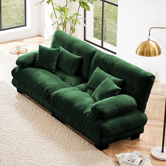 94.4” Oversized Loveseat Sofa, 2 Seater Modular Sectional Sofa, Green Large Sectional Couches for Living Room, Fluffy Chenille Fabric Cloud Couch with 4 Pillows, Deep Seat Sofas