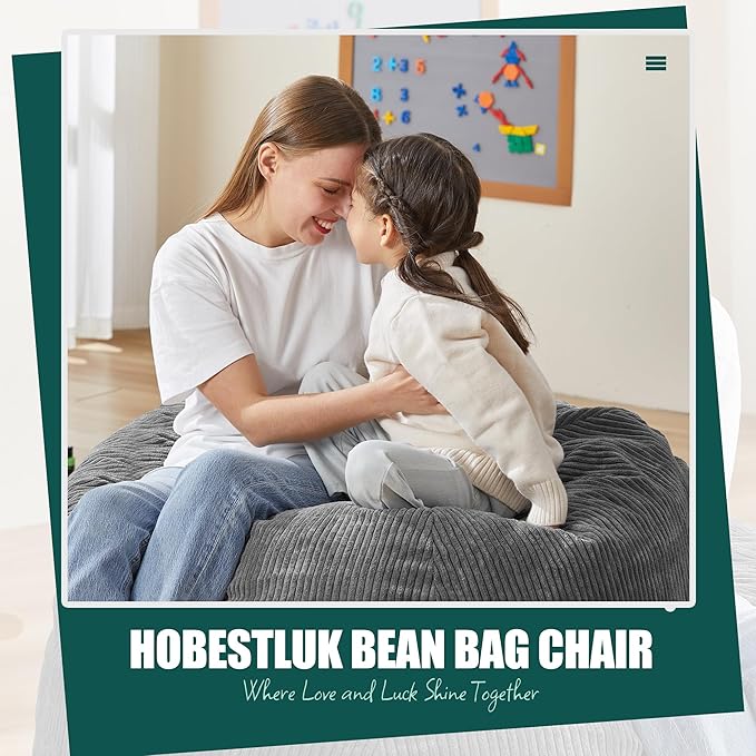 Hobestluk 3.5FT Bean Bag Chair Large Bean Bag with Filler Included Bean Bag Chairs for Adults Teardrop Bean Bag Chair with Removable Cover for Bedroom Living Room - (Large, Grey)