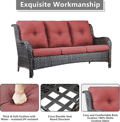 Rilyson Wicker Patio Furniture Chairs Set - 8 Piece Rattan Outdoor Patio Sectional Conversation Sets with 1 Sofa,4 Armrest Chairs,1 Coffee Table and 2 Ottomans for Porch Deck Garden(Brown/Red)